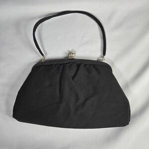 Vintage Black Satin Evening Bag Crown Kiss Lock Clutch Royalcore Formal Wedding